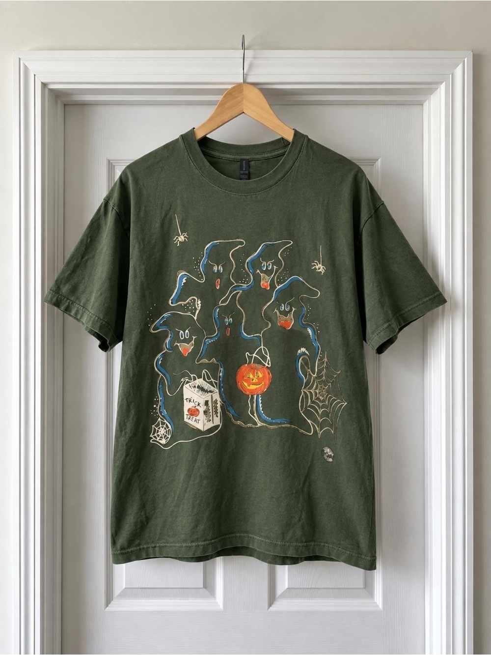 Halloween Ghost Trick or Treat Graphic T-Shirt Military Green Unisex